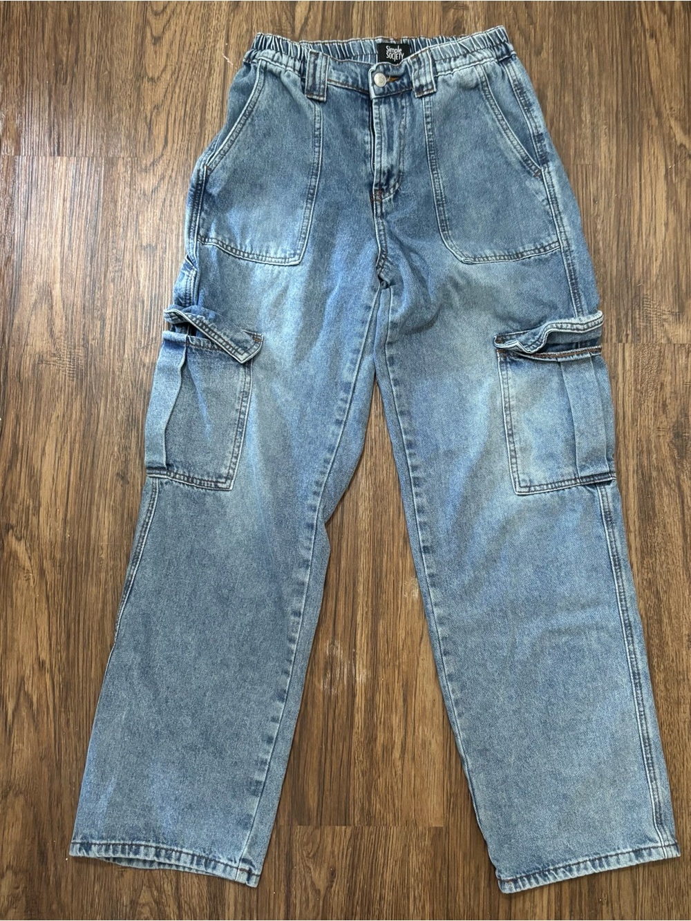 Simple Society Wide Leg Baggy Cargo Jeans Size 5 Light Wash Denim